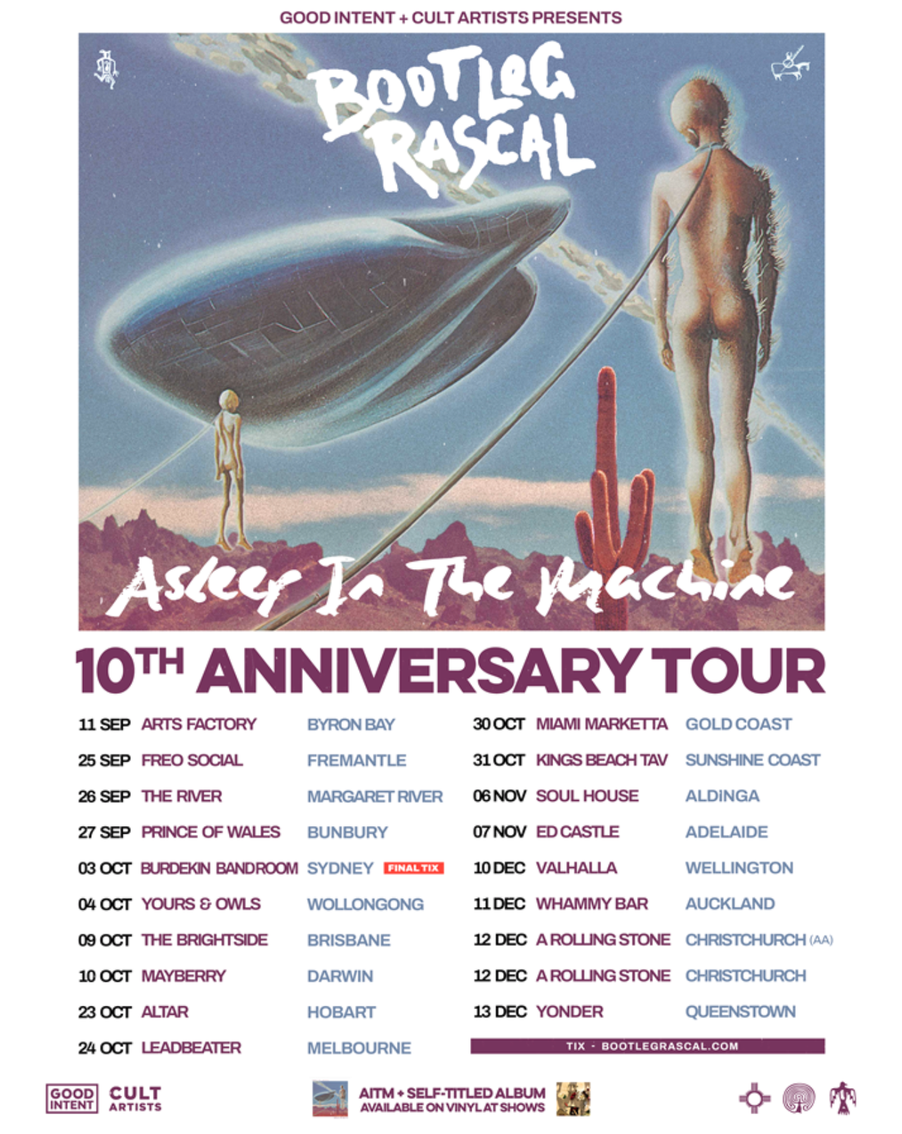 Bootleg Rascal Asleep In The Machine 10th Anniversary Tour poster featuring sci-fi artwork with concert dates across Australia and NZ.